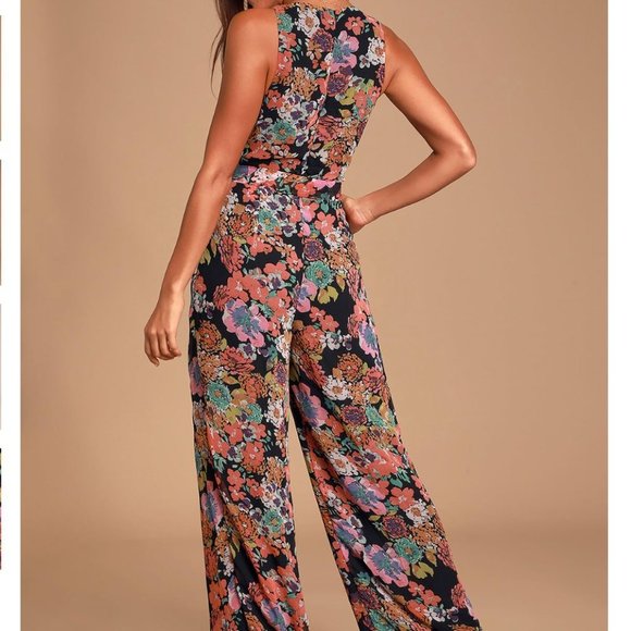 LULU'S Sweetest Romance Black Multi Floral Print Wide Leg Jumpsuit Size XS - Picture 4 of 12